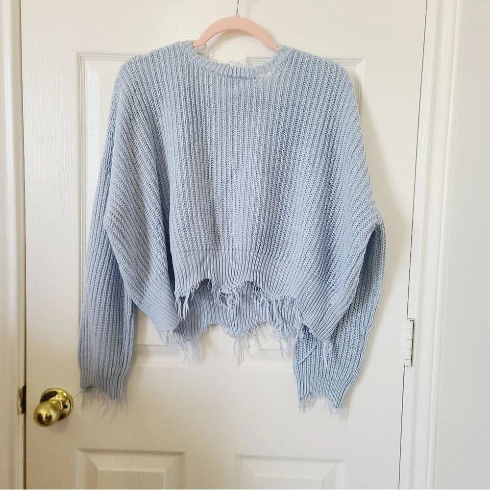 Boutique Light Blue Pastel Fringe V neck Knit Sweater M Crop Distressed